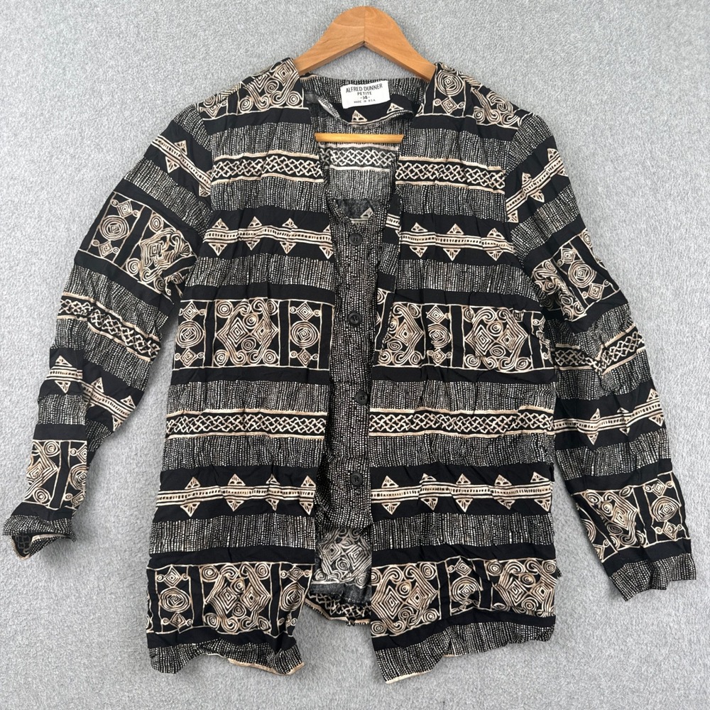 Alfred Dunner Blouse Womens 14P Black Tribal Geometric Button Front Cardigan VTG